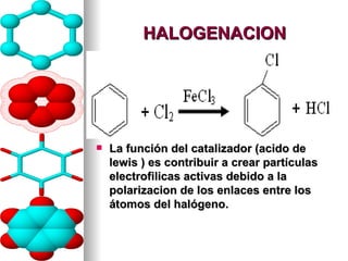 HALOGENACION La función del catalizador (acido de lewis ) es contribuir a crear partículas electrofilicas activas debido a la polarizacion de los enlaces entre los átomos del halógeno. 