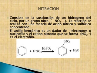 Consiste en la sustitución de un hidrogeno del 
ciclo, por un grupo nitro ( NO). La reacción se 
2 realiza con una mezcla de acido nítrico y sulfúrico 
concentrado. 
El anillo bencénico es un dador de electrones o 
nucleofilo y el cation nitronio que se forma (NO+) 
2 
es el electrofilo. 
 