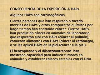 CONSECUENCIA DE LA EXPOSICIÓN A HAPs 
Algunos HAPs son carcinogénicos. 
Ciertas personas que han respirado o tocado 
mezclas de HAPs y otros compuestos químicos por 
largo tiempo han contraído cáncer. Ciertos HAPs 
han producido cáncer en animales de laboratorio 
que respiraron aire con HAPs (cáncer al pulmón), 
comieron alimentos con HAPs (cáncer al estómago), 
o se les aplicó HAPs en la piel (cáncer a la piel). 
El benzopireno y el dibenzoantraceno han 
mostrado capacidad para inducir tumores en 
animales y establecer enlaces estables con el DNA. 
