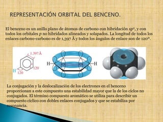 El benceno es un anillo plano de átomos de carbono con hibridación sp2, y con 
todos los orbitales p no hibridados alineados y solapados. La longitud de todos los 
enlaces carbono-carbono es de 1,397 Å y todos los ángulos de enlace son de 120º. 
La conjugación y la deslocalización de los electrones en el benceno 
proporcionan a este compuesto una estabilidad mayor que la de los ciclos no 
conjugados. El término compuesto aromático se utiliza para describir un 
compuesto cíclico con dobles enlaces conjugados y que se estabiliza por 
resonancia. 
 