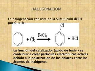 La halogenacion consiste en la Sustitución del H 
por Cl o Br 
La función del catalizador (acido de lewis ) es 
contribuir a crear partículas electrofilicas activas 
debido a la polarizacion de los enlaces entre los 
átomos del halógeno. 
 