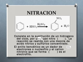 NITRACION Consiste en la sustitución de un hidrogeno del ciclo, por un grupo nitro  (  ).  La reacción se realiza con una mezcla de acido nítrico y sulfúrico concentrado. El anillo bencénico es un dador de  electrones o nucleofilo y el cation nitronio que se forma  (  ) es el electrofilo. 
