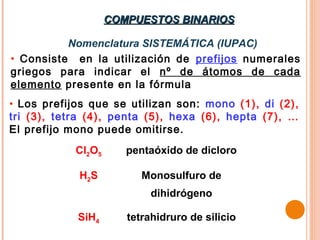 COMPUESTOS BINARIOS

          Nomenclatura SISTEMÁTICA (IUPAC)
• Consiste en la utilización de prefijos numerales
griegos para indicar el nº de átomos de cada
elemento presente en la fórmula
• Los prefijos que se utilizan son: mono (1), di (2),
tri (3), tetra (4), penta (5), hexa (6), hepta (7), …
El prefijo mono puede omitirse.
            Cl2O5      pentaóxido de dicloro

            H2S           Monosulfuro de
                            dihidrógeno

            SiH4       tetrahidruro de silicio
 
