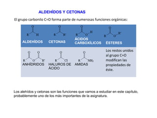 ALDEHÍDOS Y CETONAS
El grupo carbonilo C=O forma parte de numerosas funciones orgánicas:



                                      ÁCIDOS
     ALDEHÍDOS        CETONAS         CARBOXÍLICOS        ÉSTERES

                                                          Los restos unidos
                                                          al grupo C=O
                                                          modifican las
     ANHÍDRIDOS       HALUROS DE      AMIDAS              propiedades de
                      ÁCIDO                               éste.




Los alehídos y cetonas son las funciones que vamos a estudiar en este capítulo,
probablemente uno de los más importantes de la asignatura.
 