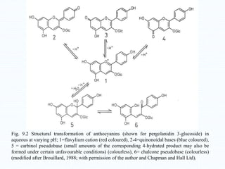 Fig. 9.2 Structural transformation of anthocyanins (shown for pergolanidin 3-glucoside) in
aqueous at varying pH; 1=flavylium cation (red coloured), 2-4=quinonoidal bases (blue coloured),
5 = carbinol pseudobase (small amounts of the corresponding 4-hydrated product may also be
formed under certain unfavourable conditions) (colourless), 6= chalcone pseudobase (colourless)
(modified after Brouillard, 1988; with permission of the author and Chapman and Hall Ltd).
 