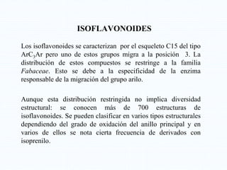 ISOFLAVONOIDES
Los isoflavonoides se caracterizan por el esqueleto C15 del tipo
ArC3Ar pero uno de estos grupos migra a la posición 3. La
distribución de estos compuestos se restringe a la familia
Fabaceae. Esto se debe a la especificidad de la enzima
responsable de la migración del grupo arilo.
Aunque esta distribución restringida no implica diversidad
estructural: se conocen más de 700 estructuras de
isoflavonoides. Se pueden clasificar en varios tipos estructurales
dependiendo del grado de oxidación del anillo principal y en
varios de ellos se nota cierta frecuencia de derivados con
isoprenilo.
 