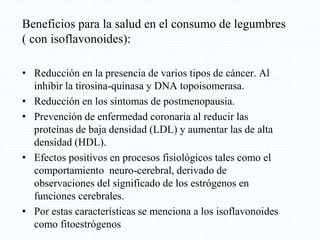 Beneficios para la salud en el consumo de legumbres
( con isoflavonoides):
• Reducción en la presencia de varios tipos de cáncer. Al
inhibir la tirosina-quinasa y DNA topoisomerasa.
• Reducción en los síntomas de postmenopausia.
• Prevención de enfermedad coronaria al reducir las
proteínas de baja densidad (LDL) y aumentar las de alta
densidad (HDL).
• Efectos positivos en procesos fisiológicos tales como el
comportamiento neuro-cerebral, derivado de
observaciones del significado de los estrógenos en
funciones cerebrales.
• Por estas características se menciona a los isoflavonoides
como fitoestrógenos
 