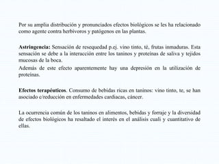 Por su amplia distribución y pronunciados efectos biológicos se les ha relacionado
como agente contra herbívoros y patógenos en las plantas.
Astringencia: Sensación de resequedad p.ej. vino tinto, té, frutas inmaduras. Esta
sensación se debe a la interacción entre los taninos y proteínas de saliva y tejidos
mucosas de la boca.
Además de este efecto aparentemente hay una depresión en la utilización de
proteínas.
Efectos terapéuticos. Consumo de bebidas ricas en taninos: vino tinto, te, se han
asociado c/reducción en enfermedades cardiacas, cáncer.
La ocurrencia común de los taninos en alimentos, bebidas y forraje y la diversidad
de efectos biológicos ha resaltado el interés en el análisis cuali y cuantitativo de
ellas.
 