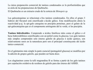 La única preparación comercial de taninos condensados es la profisetinidina que
se aísla de las preparaciones de Quebracho.
El Quebracho es un extracto crudo de la corteza de Shinopsis sp.
Las galocatequinas se relacionan c/los taninos condensados. En ellos el grupo 3
hidroxi del flavanol está esterificado c/ácido gálico. Esta modificación altera la
reactividad p.ej. la epi-galo catequina no precipita proteínas, pero el galato de la
epi-galocatequina que es el componente astringente del te verde, si las precipita.
Taninos hidrolizables. Comprende a ácidos fenólicos tales como el gálico o el
hexa hidroxidifénico esterificados con un poliol como la glucosa. Los galo taninos
más simples comprenden solo ésteres galoilo de glucosa ó ácido quínico, son
relativamente raros en la naturaleza pero son el principal constituyente del ácido
tanico comercial.
En el galotanino más simple la parte esencial (pentagaloil glucosa) se modifica por
la adición de grupos galoilo, que pueden ser hasta doce.
Los elagitaninos como la telli magrandina II se forma a partir de los galo taninos
por copulación oxidativa de residuos de galoilo para dar ésteres del AHHD.
 