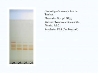 Cromatografía en capa fina de
Taninos.
Placas de sílica gel GF254
Sistema: Tolueno:acetona:ácido
fórmico 9:9:2
Revelador: FBS (fast blue salt)
 