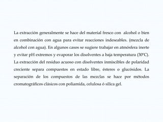 La extracción generalmente se hace del material fresco con alcohol o bien
en combinación con agua para evitar reacciones indeseables. (mezcla de
alcohol con agua). En algunos casos se sugiere trabajar en atmósfera inerte
y evitar pH extremos y evaporar los disolventes a baja temperatura (30ºC).
La extracción del residuo acuoso con disolventes inmiscibles de polaridad
creciente separa compuestos en estado libre, ésteres o glucósidos. La
separación de los compuestos de las mezclas se hace por métodos
cromatográficos clásicos con poliamida, celulosa ó silica gel.
 