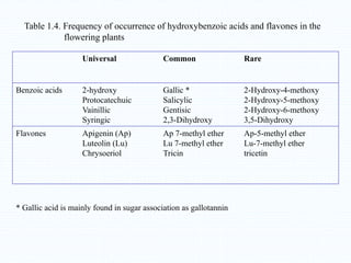 Universal Common Rare
Benzoic acids 2-hydroxy
Protocatechuic
Vainillic
Syringic
Gallic *
Salicylic
Gentisic
2,3-Dihydroxy
2-Hydroxy-4-methoxy
2-Hydroxy-5-methoxy
2-Hydroxy-6-methoxy
3,5-Dihydroxy
Flavones Apigenin (Ap)
Luteolin (Lu)
Chrysoeriol
Ap 7-methyl ether
Lu 7-methyl ether
Tricin
Ap-5-methyl ether
Lu-7-methyl ether
tricetin
Table 1.4. Frequency of occurrence of hydroxybenzoic acids and flavones in the
flowering plants
* Gallic acid is mainly found in sugar association as gallotannin
 