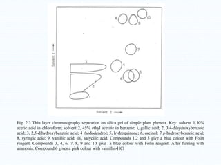 Fig. 2.3 Thin layer chromatography separation on silica gel of simple plant phenols. Key: solvent 1.10%
acetic acid in chloroform; solvent 2, 45% ethyl acetate in benzene; i, gallic acid; 2, 3,4-dihydroxybenzoic
acid; 3, 2,5-dihydroxybenzoic acid; 4 rhododendrol; 5, hydroquinone; 6, orcinol; 7 p-hydroxybenzoic acid;
8, syringic acid; 9, vanillic acid; 10, salycilic acid. Compounds 1,2 and 5 give a blue colour with Folin
reagent. Compounds 3, 4, 6, 7, 8, 9 and 10 give a blue colour with Folin reagent. After fuming with
ammonia. Compound 6 gives a pink colour with vainillin-HCl
 
