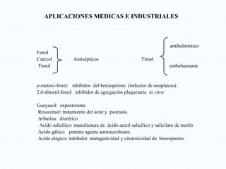 APLICACIONES MEDICAS E INDUSTRIALES
antihelmíntico
Fenol
Catecol Antisépticos Timol
Timol embalsamante
p-metoxi-fenol: inhibidor del benzopireno (inductor de neoplasias)
2,6-dimetil-fenol: inhibidor de agregación plaquetaria in vitro
Guayacol: expectorante
Resorcinol: tratamiento del acné y psoriasis
Arbutina: diurético
Acido salicílico: manufactura de ácido acetil salicílico y salicilato de metilo
Acido gálico: potente agente antimicrobiano.
Acido elágico: inhibidor mutagenicidad y citotoxicidad de benzopireno
 