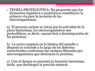 • TEORÍA PROTEOLÍTICA: Ha propuesto que los
elementos orgánicos o proteínicos constituyen la
primera vía para la invasión de los
microorganismos.
a) El proceso carioso se inicia por la actividad de la
placa bacteriana, los microorganismos son
proteolíticos, es decir, causan lisis o desintegración de
las proteínas.
b) La caries empieza en la lámina del esmalte y
después se extiende a lo largo de los defectos
estructurales conformen las enzimas liberadas por
microorganismos que destruyen la proteína.
c) Con el tiempo se presenta la invasión bacteriana
ácida que desintegra la porción mineral.
 