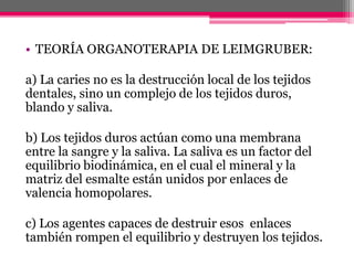 • TEORÍA ORGANOTERAPIA DE LEIMGRUBER:
a) La caries no es la destrucción local de los tejidos
dentales, sino un complejo de los tejidos duros,
blando y saliva.
b) Los tejidos duros actúan como una membrana
entre la sangre y la saliva. La saliva es un factor del
equilibrio biodinámica, en el cual el mineral y la
matriz del esmalte están unidos por enlaces de
valencia homopolares.
c) Los agentes capaces de destruir esos enlaces
también rompen el equilibrio y destruyen los tejidos.
 