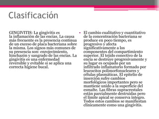 Clasificación
GINGIVITIS: La gingivitis es
la inflamación de las encias. La causa
más frecuente es la presencia continua
de un exceso de placa bacteriana sobre
la misma. Los signos más comunes de
su presencia son: enrojecimiento,
hinchazón y sangrado de las encías. La
gingivitis es una enfermedad
reversible y evitable si se aplica una
correcta higiene bucal.
• El cambio cualitativo y cuantitativo
de la concentración bacteriana se
produce en poco tiempo, es
progresivo y afecta
significativamente a los
componentes del compartimiento
superior. El tejido conectivo de la
encía se destruye progresivamente y
su lugar es ocupado por un
infiltrado inflamatorio formado por
leucocitos polimorfonucleares y
células plasmáticas. El epitelio de
inserción sufre cambios
morfológicos importantes pero se
mantiene unido a la superficie del
esmalte. Las fibras supracrestales
están parcialmente destruidas pero
el límite apical se conserva íntegro.
Todos estos cambios se manifiestan
clínicamente como una gingivitis.
 
