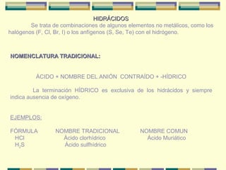 HIDRÁCIDOS
        Se trata de combinaciones de algunos elementos no metálicos, como los
halógenos (F, Cl, Br, I) o los anfígenos (S, Se, Te) con el hidrógeno.



NOMENCLATURA TRADICIONAL:


          ÁCIDO + NOMBRE DEL ANIÓN CONTRAÍDO + -HÍDRICO

         La terminación HÍDRICO es exclusiva de los hidrácidos y siempre
indica ausencia de oxígeno.


EJEMPLOS:

FÓRMULA          NOMBRE TRADICIONAL              NOMBRE COMUN
 HCl               Ácido clorhídrico               Ácido Muriático
 H2S               Ácido sulfhídrico
 