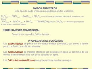 OXIDOS ÁNFOTEROS
                Este tipo de óxido presenta propiedades ácidas y básicas.

Al2O3(S) + 6HCl (ac)      2AlCl3(ac) + 3H2O(l) ==> Muestra propiedades básicas al   reaccionar con
ácidos
Al2O3(S) + 2NaOH (ac) + 3H2O(l)           2NaAl(OH)4(ac) + 3H2O(l) ==> Muestra propiedades
ácidas al reaccionar con bases


  NOMENCLATURA TRADICIONAL:
             Se nombran como los óxidos ácidos.

                            PROPIEDADES DE LOS ÓXIDOS
   Los óxidos básicos se presentan en estado sólidos (cristales), son duros y tienen
   punto de fusión y ebullición elevado.

   Los óxidos básicos de metales alcalinos son solubles en agua, al contrario de los
   óxidos alcalinotérreos que son poco solubles en agua.

   Los óxidos ácidos (anhídridos) son generalmente solubles en agua
 