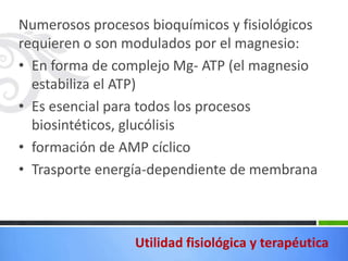 Numerosos procesos bioquímicos y fisiológicos
requieren o son modulados por el magnesio:
• En forma de complejo Mg- ATP (el magnesio
  estabiliza el ATP)
• Es esencial para todos los procesos
  biosintéticos, glucólisis
• formación de AMP cíclico
• Trasporte energía-dependiente de membrana



                 Utilidad fisiológica y terapéutica
 