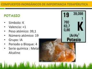 POTASIO

•   Símbolo: K
•   Valencia: +1
•   Peso atómico: 39,1
•   Número atómico: 19
•   Grupo: IA
•   Periodo o Bloque: 4
•   Serie química : Metal
    Alcalino
 