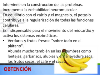Interviene en la construcción de las proteínas.
Incrementa la excitabilidad neuromuscular.
En equilibrio con el calcio y el magnesio, el potasio
contribuye a la regularización de todas las funciones
celulares.
Es indispensable para el movimiento del miocardio y
activa los sistemas enzimáticos.
• Verduras y frutas frescas "sobre todo en el
   plátano".
   Abunda mucho también en las legumbres como
   lentejas, garbanzos, alubias y en la levadura seca,
   los frutos secos, el café y el cacao.
OBTENCIÓN
 