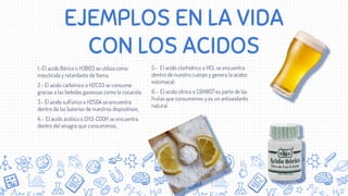 EJEMPLOS EN LA VIDA
CON LOS ACIDOS
1.-El acido Bórico o H3BO3 se utiliza como
insecticida y retardante de llama.
2.- El acido carbónico o H2CO3 se consume
gracias a las bebidas gaseosas como la cocacola.
3.- El acido sulfúrico o H2SO4 se encuentra
dentro de las baterías de nuestros dispositivos.
4.- El acido acético o CH3-COOH se encuentra
dentro del vinagre que consumimos.
5.- El acido clorhídrico o HCL se encuentra
dentro de nuestro cuerpo y genera la acidez
estomacal.
6.- El acido cítrico o C6H8O7 es parte de las
frutas que consumimos y es un antioxidante
natural.
 