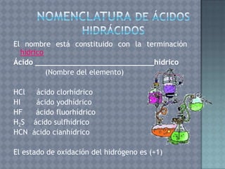 El nombre está constituido con la terminación
  hídrico
Ácido ___________________________hídrico
          (Nombre del elemento)

HCl  ácido clorhídrico
HI   ácido yodhídrico
HF   ácido fluorhídrico
H2S ácido sulfhídrico
HCN ácido cianhídrico

El estado de oxidación del hidrógeno es (+1)
 
