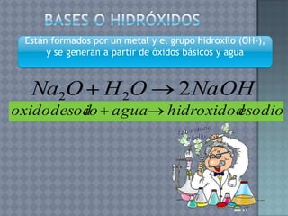 Están formados por un metal y el grupo hidroxilo (OH-),
      y se generan a partir de óxidos básicos y agua



  Na2O             H 2O             2 NaOH
oxidodesod agua
         io                      hidroxidod
                                          esodio
 