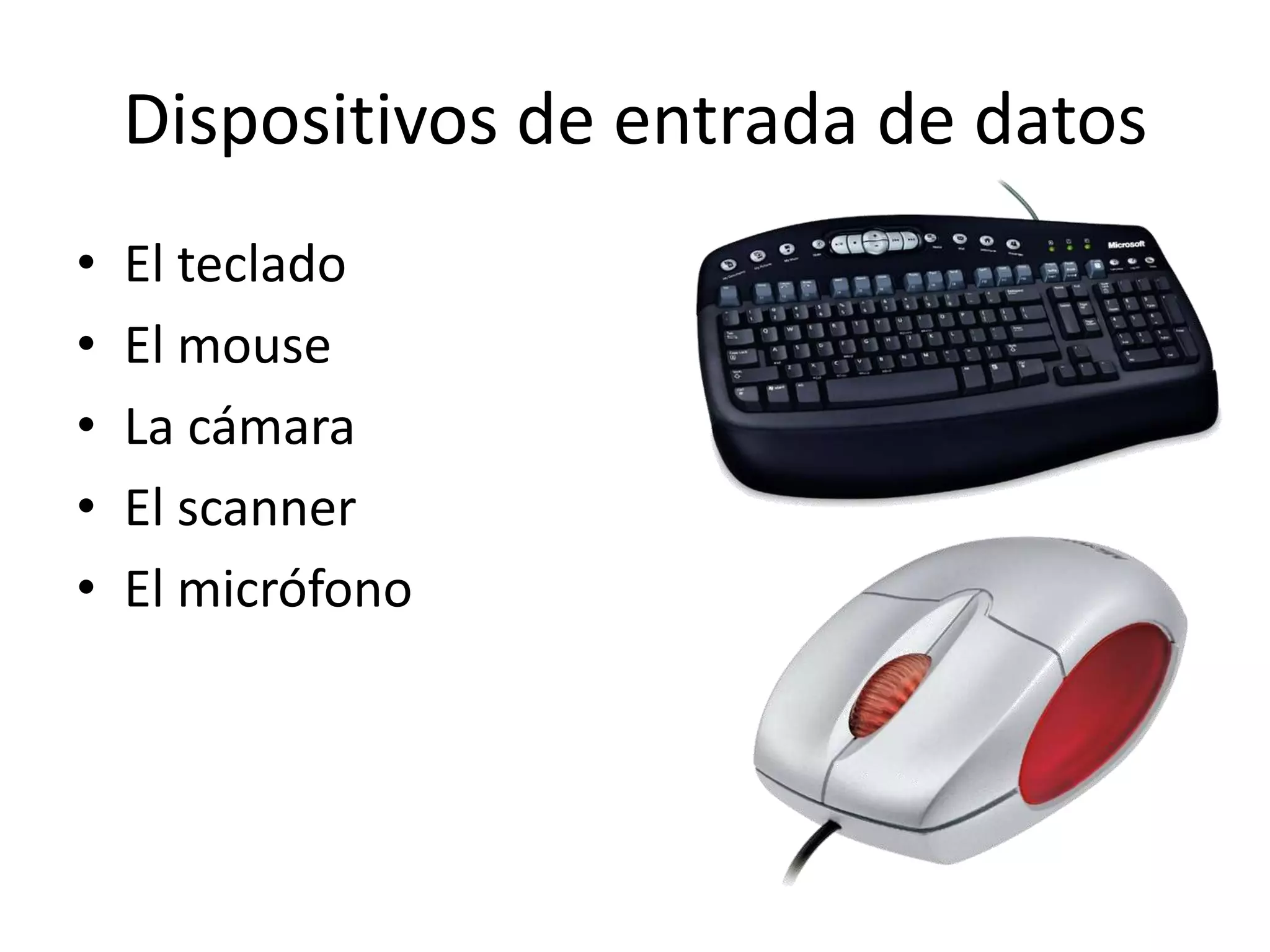 Dispositivos de entrada de datos
•   El teclado
•   El mouse
•   La cámara
•   El scanner
•   El micrófono
 