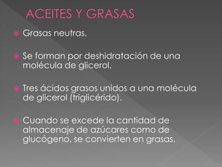    Grasas neutras.

   Se forman por deshidratación de una
    molécula de glicerol.

   Tres ácidos grasos unidos a una molécula
    de glicerol (triglicérido).

   Cuando se excede la cantidad de
    almacenaje de azúcares como de
    glucógeno, se convierten en grasas.
 