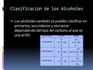 Clasificación de los Alcoholes
 Los alcoholes también se pueden clasificar en
primarios, secundarios y terciarios
dependiendo del tipo del carbono al que se
une al OH.
 