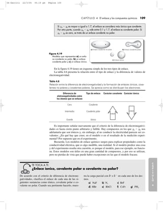 C
A
P
Í
T
U
L
O
1
CAPÍTULO 4 El enlace y los compuestos químicos 109
En la figura 4.19 tienes un esquema simple de los tres tipos de enlace.
La tabla 4.6 presenta la relación entre el tipo de enlace y la diferencia de valores de
electronegatividad.
C
A
P
Í
T
U
L
O
2
C
A
P
Í
T
U
L
O
3
C
A
P
Í
T
U
L
O
4
I
N
T
R
O
D
U
C
C
I
Ó
N
Si ␹A Ϫ ␹B es mayor o igual a 1.7, el enlace se considera más iónico que covalente.
Por otra parte, cuando ␹A Ϫ ␹B vale entre 0.1 y 1.7, el enlace es covalente polar. Si
␹A Ϫ ␹B es cero, se trata de un enlace covalente no polar.
Figura 4.19
Modelos que representan a) un enla-
ce covalente no polar, b) un enlace
covalente polar y c) un enlace iónico.
␦ϩ ␦Ϫ
Ϫϩ
a) Enlace covalente no-polar b) Enlace covalente polar
c) Enlace iónico
De acuerdo con el criterio de diferencia de electrone-
gatividades, clasifica el enlace de cada una de las si-
guientes sustancias como iónico, covalente polar o co-
valente no polar. Cuando sea pertinente hacerlo, mues-
tra la carga parcial con δ+
o δ Ϫ
en cada uno de los áto-
mos.
a) NaF b) N2 c) BrF
d) HBr e) RbCl f) CsFr g) PH3
TE TOCA A TI:
¿Enlace íonico, covalente polar o covalente no polar?
Diferencia de
eletronegatividades entre
los átomos que se enlazan
Tipo de enlace Carácter covalente Carácter iónico
Cero
Intermedia
Grande
Covalente
Covalente polar
Iónico
crece
crece
Tabla 4.6
Relación entre la diferencia de electronegatividad y la formación de enlaces iónicos, cova-
lentes no polares y covalentes polares. Se aprecia como se distribuyen los electrones.
Es importante señalar nuevamente que el criterio de la diferencia de electronegativi-
dades es hasta cierto punto arbitrario y falible. Hay compuestos en los que ␹A Ϫ ␹B nos
adelantaría que son iónicos y, sin embargo, al no conducir la electricidad parecen ser co-
valentes. ¿En qué hay que creer, en el modelo o en el resultado de la medición experi-
mental? Por supuesto que en el experimento.
Recuerda. Los modelos de enlace químico surgen para explicar propiedades como la
conductividad eléctrica, que es algo medible, una realidad. Si el modelo predice una cosa
y del experimento resulta otra cuestión, es porque el modelo, para ese ejemplo, no funcio-
na. Estos modelos son útiles en una gran cantidad de compuestos, y por eso se utilizan,
pero no pierdas de vista que puede haber excepciones en las que el modelo fracase.
04-Garritz 22/3/05 05:19 pm Página 109
 