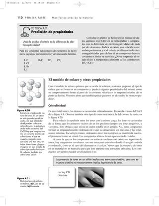 110 PRIMERA PARTE Manifestaciones de la materia
El modelo de enlace y otras propiedades
Con el modelo de enlace químico que se acaba de esbozar, podemos proponer el tipo de
enlace que se forma en un compuesto y, predecir algunas propiedades del mismo, como
su comportamiento frente al paso de la corriente eléctrica o la magnitud relativa de su
punto de fusión. Veremos ahora que también puede guiarnos en el estudio de otras propie-
dades.
Cristalinidad
En un cristal iónico, los átomos se acomodan ordenadamente. Recuerda el caso del NaCl
de la figura 4.8. Observa también otro tipo de estructura iónica, la del cloruro de cesio, en
la figura 4.20.
Para reducir la repulsión entre los iones con la misma carga, los iones se acomodan
de tal forma que los primeros vecinos de un ion positivo siempre son iones negativos, y
viceversa. Esto obliga a que exista un orden notable en el arreglo. Así, estos compuestos
forman un empaquetamiento ordenado en el que las atracciones son máximas y las repul-
siones mínimas. Ese arreglo iónico, ordenado a nivel microscópico, se manifiesta macros-
cópicamente como un cristal. Los compuestos iónicos tienen apariencia de cristales.
A pesar de que en los compuestos con enlaces covalentes no existe una repulsión de
iones, hay compuestos covalentes con una estructura cristalina donde el arreglo también
es ordenado, como es el caso del diamante o el azúcar. Vemos que la presencia de iones
en un material no es necesaria para que éste presente una estructura cristalina. Los com-
puestos covalentes pueden ser cristalinos o no.
Para los siguientes halogenuros de elementos de la pri-
mera, segunda, decimotercera y decimocuarta familias
LiF BeF2 BF3 CF4
LiCl
LiBr
LiI
Consulta los puntos de fusión en un manual de da-
tos químicos (ver CRC en la bibliografía) y compára-
los con la diferencia de electronegatividades de cada
par de elementos. Indica si existe una relación entre
ambos parámetros y si el criterio de diferencia de elec-
tronegatividades para definir si un compuesto dado es
covalente o iónico se satisface. ¿No te sorprende el es-
tado físico a temperatura ambiente de los compuestos
BF3 y CF4?
TE TOCA A TI:
Predicción de propiedades
¿Pasa la prueba el criterio de la diferencia de elec-
tronegatividades?
Figura 4.20
Estructura cristalina del clo-
ruro de cesio. El ion cesio
es más grande que el ion
sodio, así que alrededor
de él pueden colocarse
ocho cloruros. la estructura
de la malla cristalina del
CsCl Hay que imaginar co-
mo un conjunto enorme de
cubos como el que se
muestra, pegados cara
con cara uno tras otro, en
todas direcciones. ¿Logras
imaginar en ese arreglo de
cubos que cada cloruro es-
tá rodeado también por
ocho iones cesio?
Figura 4.21
Distintos tipos de sólidos
cristalinos. a) Cubo de sal
común, b) Diamante.
CsCl
La presencia de iones en un sólido implica una estructura cristalina, pero una es-
tructura cristalina no necesariamente implica la presencia de iones.
no hay CD
No sirve
04-Garritz 22/3/05 05:19 pm Página 110
 