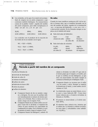 116 PRIMERA PARTE Manifestaciones de la materia
b) Los oxiácidos, en los que el no metal está acompa-
ñado de oxígeno (en un anión compuesto) y que
contienen también hidrógeno. Su nomenclatura
consta de la palabra “ácido”, seguida del nombre
del anión compuesto, pero debe reemplazarse el
sufijo -ato por -ico, y el -ito por -oso:
H2SO4 HNO3 HNO2
ácido sulfúrico ácido nítrico ácido nitroso
Los oxiácidos son el producto de la reacción de
los óxidos de los no metales con el agua:
SO3 ϩ H2O → H2SO4
N2O5 ϩ H2O → 2 HNO3
N2O3 ϩ H2O → 2 HNO2
De sales
Cuando los iones metálicos sustituyen al Hϩ
de los áci-
dos se forman sales, que se nombran iniciando con la
raíz del nombre del anión, seguida de la terminación
-uro —si proviene del hidrácido— o con -ato o -ito —
si derivan del oxiácido. En las fórmulas siempre se em-
pieza con el símbolo del metal:
a) Sales derivadas de hidrácidos:
NaCl CuS AlBr3
cloruro de sodio sulfuro bromuro
de cobre (II) de aluminio
b) Sales derivadas de oxiácidos
Cu2SO3 KNO3 MgCO3
sulfito nitrato carbonato
de cobre (I) de potasio de magnesio
Escribe las fórmulas de:
a) tetróxido de dinitrógeno
b) óxido de cobre (I)
c) selenuro de hidrógeno
d) sulfuro de calcio
e) hidróxido de hierro (III)
f) nitrito de potasio
g) sulfato de aluminio
a) Compuesto binario de dos no metales: oxíge-
no y nitrógeno. En este caso los prefijos indi-
can inmediatamente el número de átomos pre-
sentes en la fórmula. Ésta se inicia con el no
metal y luego con el oxígeno: N2O4.
b) Compuesto binario de un metal (cobre) con oxí-
geno. Como éste es divalente, se requieren dos
cobres (I) para satisfacer las capacidades de
combinación de ambos. En la fórmula se escri-
be primero el metal y luego el oxígeno: Cu2O.
c) Compuesto binario de hidrógeno y selenio. El
selenio es divalente (ver tabla 4.7) que está en
el mismo grupo que el oxígeno y el azufre), por
lo que se combina con dos hidrógenos, ya que
éstos son monovalentes. En ácidos siempre se
comienza la fórmula por el hidrógeno: H2Se.
d) Compuesto binario (se reconoce por el sufijo
-uro) de azufre y calcio. Siempre se empieza
la fórmula por el metal, y como ambos son di-
valentes es: CaS.
e) Los hidróxidos tienen un metal (hierro, en es-
te caso) y iones hidroxilo OHϪ
. Como éstos
tienen valencia uno y el metal es trivalente, la
fórmula es: Fe(OH)3.
f) El potasio es monovalente y el nitrito tam-
bién: KNO2.
g) El aluminio tiene valencia tres, mientras que
el sulfato dos. La fórmula se obtiene invirtien-
do estos datos y colocándolos como subíndi-
ces: Al2(SO4)3.
CÓMO SE RESUELVE:
Fórmula a partir del nombre de un compuesto
04-Garritz 22/3/05 05:19 pm Página 116
 