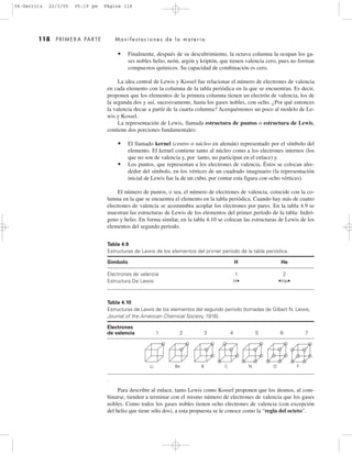 118 PRIMERA PARTE Manifestaciones de la materia
• Finalmente, después de su descubrimiento, la octava columna la ocupan los ga-
ses nobles helio, neón, argón y kriptón, que tienen valencia cero, pues no forman
compuestos químicos. Su capacidad de combinación es cero.
La idea central de Lewis y Kossel fue relacionar el número de electrones de valencia
en cada elemento con la columna de la tabla periódica en la que se encuentran. Es decir,
proponen que los elementos de la primera columna tienen un electrón de valencia, los de
la segunda dos y así, sucesivamente, hasta los gases nobles, con ocho. ¿Por qué entonces
la valencia decae a partir de la cuarta columna? Acerquémonos un poco al modelo de Le-
wis y Kossel.
La representación de Lewis, llamada estructura de puntos o estructura de Lewis,
contiene dos porciones fundamentales:
• El llamado kernel (centro o núcleo en alemán) representado por el símbolo del
elemento. El kernel contiene tanto al núcleo como a los electrones internos (los
que no son de valencia y, por tanto, no participan en el enlace) y
• Los puntos, que representan a los electrones de valencia. Éstos se colocan alre-
dedor del símbolo, en los vértices de un cuadrado imaginario (la representación
inicial de Lewis fue la de un cubo, por contar esta figura con ocho vértices).
El número de puntos, o sea, el número de electrones de valencia, coincide con la co-
lumna en la que se encuentra el elemento en la tabla periódica. Cuando hay más de cuatro
electrones de valencia se acostumbra acoplar los electrones por pares. En la tabla 4.9 se
muestran las estructuras de Lewis de los elementos del primer período de la tabla: hidró-
geno y helio. En forma similar, en la tabla 4.10 se colocan las estructuras de Lewis de los
elementos del segundo período.
Tabla 4.9
Estructuras de Lewis de los elementos del primer período de la tabla periódica.
Símbolo H He
Electrones de valencia 1 2
Estructura De Lewis H• •He•
Para describir al enlace, tanto Lewis como Kossel proponen que los átomos, al com-
binarse, tienden a terminar con el mismo número de electrones de valencia que los gases
nobles. Como todos los gases nobles tienen ocho electrones de valencia (con excepción
del helio que tiene sólo dos), a esta propuesta se le conoce como la “regla del octeto”.
Tabla 4.10
Estructuras de Lewis de los elementos del segundo período (tomadas de Gilbert N. Lewis,
Journal of the American Chemical Society, 1916).
Electrones
de valencia 1 2 3 4 5 6 7
.
Li Be B C N O F
04-Garritz 22/3/05 05:19 pm Página 118
 
