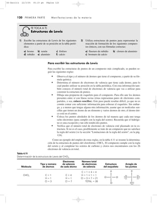 120 PRIMERA PARTE Manifestaciones de la materia
Para escribir las estructuras de Lewis
Para escribir las estructuras de puntos de un compuesto más complicado, se pueden se-
guir las siguientes reglas:
• Observa el tipo y el número de átomos que tiene el compuesto, a partir de su fór-
mula química.
• Determina el número de electrones de valencia que tiene cada átomo, para lo
cual puedes utilizar su posición en la tabla periódica. Con esta información tam-
bién conoces el número total de electrones de valencia que vas a utilizar para
construir la estructura de puntos.
• Dibuja una propuesta de esqueleto para el compuesto. Para ello une los átomos
presentes entre sí con líneas rectas (éstas representan pares de electrones com-
partidos, o sea, enlaces sencillos). Este paso puede resultar difícil, ya que no es
común contar con suficiente información para esbozar el esqueleto. Sin embar-
go, y a menos que tengas alguna otra información, asume que en moléculas sen-
cillas que tienen un átomo de un elemento y varios átomos de otro, el átomo úni-
co está en el centro.
• Coloca los puntos alrededor de los átomos de tal manera que cada uno tenga
ocho electrones (para cumplir con la regla del octeto). Recuerda que el hidróge-
no es una excepción y tan sólo tendrá dos puntos.
• Verifica que el número total de electrones de valencia esté plasmado en tu es-
tructura. Si no es el caso, posiblemente se trate de un compuesto que no satisface
la regla del octeto (ve la sección “Limitaciones de la regla del octeto”, en la pág.
124).
Como un ejemplo del empleo de estas reglas, en la tabla 4.11 se resume la determina-
ción de la estructura de puntos del cloroformo, CHCl3. El compuesto cumple con la regla
del octeto y al completar los octetos de carbono y cloros nos encontramos con los 26
electrones de valencia en total.
1) Escribe las estructuras de Lewis de los siguientes
elementos a partir de su posición en la tabla perió-
dica:
a) bromo b) xenón c) fósforo
d) rubidio e) aluminio f) calcio
2) Utiliza estructuras de puntos para representar la
reacción de formación de los siguientes compues-
tos iónicos, con sus fórmulas correctas:
a) fluoruro de rubidio b) cloruro de aluminio
c) bromuro de calcio
TE TOCA A TI:
Estructuras de Lewis
Tabla 4.11
Determinación de la estructura de Lewis del CHCl3.
Electrones Número total
Tipo y número de valencia de electrones Estructura Arreglo de
Molécula de átomos de cada átomo de valencia del esqueleto los puntos
C ϭ 1 ϫ 4 ϭ.4
CHCl3 C ϭ 1 C ϭ 4 H ϭ 1 ϫ 1 ϭ.1
H ϭ 1 H ϭ 1 Cl ϭ 3 ϫ 7 ϭ.21
Cl ϭ 3 Cl ϭ 7 TOTAL ϭ.26
H
Cl
Cl C Cl
H
Cl
Cl C Cl
04-Garritz 22/3/05 05:19 pm Página 120
 