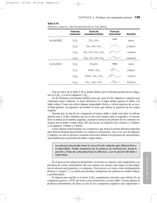 C
A
P
Í
T
U
L
O
1
CAPÍTULO 4 El enlace y los compuestos químicos 129
C
A
P
Í
T
U
L
O
2
C
A
P
Í
T
U
L
O
3
C
A
P
Í
T
U
L
O
4
I
N
T
R
O
D
U
C
C
I
Ó
N
Tabla 4.16
Alquenos y alquinos, algunos ejemplos de los más ligeros.
Fórmula Fórmula Fórmula
molecular semidesarrollada estructural Nombre
ALQUENOS C2H4 CH2ϭCH2 eteno
C3H6 CH3ϪCHϭCH2 propeno
C4H8 CH2ϭCHϪCH2ϪCH3 1-buteno
C4H8 CH3ϪCHϭCHϪCH3 2-buteno
ALQUINOS C2H2 CH≡CH etino
C3H4 CH≡CϪCH3 propino
C4H6 CH≡CϪCH2ϪCH3 1-butino
C4H6 CH3ϪC≡CϪCH3 2-butino
Con los datos de la tabla 4.16 se puede deducir que la fórmula general de los alque-
nos es CnH2n y la de los alquinos CnH2nϪ2.
En las fórmulas estructurales podrás notar que, para los dos alquenos o alquinos que
contienen cuatro carbonos, la única diferencia es el lugar donde aparece el doble o el
triple enlace. Como esto afecta algunas propiedades físicas y ciertos aspectos de su reac-
tividad química, al asignarles un nombre se tiene que indicar la posición de ese enlace
singular.
Notarás que en uno de los compuestos el enlace doble o triple está entre el carbono
número uno y el dos, mientras que en el otro está situado entre el segundo y el tercero.
Esto se indica en el nombre asignado, al poner el número del primero de los carbonos en-
lazados por el doble o triple enlace. De esta forma, los alquenos son 1-buteno y 2-buteno,
y los alquinos 1-butino y 2-butino.
Como dijimos anteriormente, los compuestos que tienen la misma fórmula molecular
pero distinta fórmula desarrollada, son isómeros estructurales. Así, en el caso de alquenos
y alquinos no sólo se presenta isomería estructural debida a la presencia de sustituyentes,
sino también por la posición del doble o triple enlace.
Los isómeros estructurales tienen la misma fórmula molecular pero diferente fórmu-
la desarrollada. Pueden presentarse por la existencia de ramificaciones, donde la
posición y el tipo de sustituyentes hacen la diferencia, o por la posición del doble o
triple enlace.
En el proceso de refinación del petróleo, el residuo se calienta a alta temperatura y en
presencia de ciertos catalizadores. De esta manera, los alcanos más largos se descompo-
nen en alcanos más pequeños y en alquenos. Este proceso se conoce como desintegración
térmica o “craqueo”, y se utiliza para producir compuestos de carbono con dobles enlaces
y gasolina ligera.
El alqueno más sencillo es el eteno, C2H4, comúnmente conocido como etileno. Es un
compuesto gaseoso a 25ºC que tiene como característica un olor dulce. Ciertas plantas lo
producen naturalmente. El eteno es uno de los compuestos orgánicos más importantes a
04-Garritz 22/3/05 05:19 pm Página 129
 