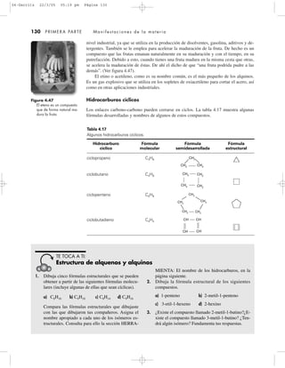 nivel industrial, ya que se utiliza en la producción de disolventes, gasolina, aditivos y de-
tergentes. También se le emplea para acelerar la maduración de la fruta. De hecho es un
compuesto que las frutas emanan naturalmente en su maduración y con el tiempo, en su
putrefacción. Debido a esto, cuando tienes una fruta madura en la misma cesta que otras,
se acelera la maduración de éstas. De ahí el dicho de que “una fruta podrida pudre a las
demás”. (Ver figura 4.47).
El etino o acetileno, como es su nombre común, es el más pequeño de los alquinos.
Es un gas explosivo que se utiliza en los sopletes de oxiacetileno para cortar el acero, así
como en otras aplicaciones industriales.
Hidrocarburos cíclicos
Los enlaces carbono-carbono pueden cerrarse en ciclos. La tabla 4.17 muestra algunas
fórmulas desarrolladas y nombres de algunos de estos compuestos.
130 PRIMERA PARTE Manifestaciones de la materia
Figura 4.47
El eteno es un compuesto
que de forma natural ma-
dura la fruta.
Tabla 4.17
Algunos hidrocarburos cíclicos.
Hidrocarburo Fórmula Fórmula Fórmula
cíclico molecular semidesarrollada estructural
ciclopropano C3H6
ciclobutano C4H8
ciclopenteno C5H8
ciclobutadieno C4H4
1. Dibuja cinco fórmulas estructurales que se pueden
obtener a partir de las siguientes fórmulas molecu-
lares (incluye algunas de ellas que sean cíclicas).
a) C8H16 b) C9H18 c) C8H14 d) C9H16
Compara las fórmulas estructurales que dibujaste
con las que dibujaron tus compañeros. Asigna el
nombre apropiado a cada uno de los isómeros es-
tructurales. Consulta para ello la sección HERRA-
MIENTA: El nombre de los hidrocarburos, en la
página siguiente.
2. Dibuja la fórmula estructural de los siguientes
compuestos.
a) 1-penteno b) 2-metil-1-penteno
c) 3-etil-1-hexeno d) 2-hexino
3. ¿Existe el compuesto llamado 2-metil-1-butino?¿E-
xiste el compuesto llamado 3-metil-1-butino? ¿Ten-
drá algún isómero? Fundamenta tus respuestas.
TE TOCA A TI:
Estructura de alquenos y alquinos
CH2
CH2 CH2
CH2
CH2
CH2
CH2
CH2
CH2
CH2
CH2
CH2
CH
CHCH
CH
04-Garritz 22/3/05 05:19 pm Página 130
 