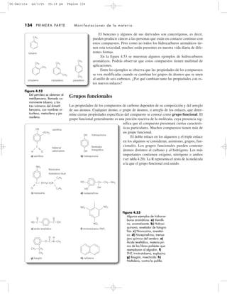 El benceno y algunos de sus derivados son cancerígenos, es decir,
pueden producir cáncer a las personas que están en contacto continuo con
estos compuestos. Pero como no todos los hidrocarburos aromáticos tie-
nen esta toxicidad, muchos están presentes en nuestra vida diaria de dife-
rentes formas.
En la figura 4.53 se muestran algunos ejemplos de hidrocarburos
aromáticos. Podrás observar que estos compuestos tienen multitud de
aplicaciones.
Entre los ejemplos se observa que las propiedades de los compuestos
se ven modificadas cuando se cambian los grupos de átomos que se unen
al anillo de seis carbonos. ¿Por qué cambian tanto las propiedades con es-
tos nuevos enlaces?
Grupos funcionales
Las propiedades de los compuestos de carbono dependen de su composición y del arreglo
de sus átomos. Cualquier átomo, o grupo de átomos, o arreglo de los enlaces, que deter-
mine ciertas propiedades específicas del compuesto se conoce como grupo funcional. El
grupo funcional generalmente es una porción reactiva de la molécula, cuya presencia sig-
nifica que el compuesto presentará ciertas caracterís-
ticas particulares. Muchos compuestos tienen más de
un grupo funcional.
El doble enlace en los alquenos y el triple enlace
en los alquinos se consideran, asimismo, grupos, fun-
cionales. Los grupos funcionales pueden contener
átomos distintos al carbono y al hidrógeno. Los más
importantes contienen oxígeno, nitrógeno o ambos
(ver tabla 4.20). La R representa el resto de la molécula
a la que el grupo funcional está unido.
134 PRIMERA PARTE Manifestaciones de la materia
Figura 4.52
Del petróleo se obtienen el
metilbenceno, llamado co-
múnmente tolueno, y los
tres isómeros del dimetil-
benceno, con nombres or-
toxileno, metaxileno y pa-
raxileno.
CH3
CH3
CH3
CH3
CH3
CH3
CH3
tolueno
ortoxileno metaxileno paraxileno
Figura 4.53
Algunos ejemplos de hidrocar-
buros aromáticos. a) Vainilli-
na, aromatizante. b) Hidroxi-
quinona, revelador de fotogra-
fías. c) Novocaína, anestési-
co. d) Norepinefrina, mensa-
jero químico del cerebro. e)
Ácido tereftálico, materia pri-
ma de las fibras poliéster que
reemplazan al algodón. f)
TNT, trinitrotolueno, explosivo.
g) Baygón, insecticida. h)
Naftaleno, contra la polilla.
OH
C
OCH3
H O
vainillina
Material
saborizante
a) vainillina
OH
OH
hidroquinona
Revelador
fotográfico
b) hidroquinona
c) novocaína
NH2
C
O
Novocaína
Anestésico local
OCH2CH2N
C2H5
C2H5
HO
HO
OH
CH CH2 NH2
d) norepinefrina
O O
HO OHCC
e) ácido teraftálico
NO2
NO2
NO2
f) trinitrotolueno (TNT)
O
O
C CH3
H
N
CH3 CH3
CH3
g) baygón h) naftaleno
04-Garritz 22/3/05 05:19 pm Página 134
 