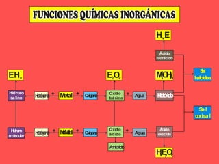 M
etal
N
oM
e
ta
l
O
x
ígen
o
O
x
ígen
o
Óxido
á cido
A
n
h
ídrido
Óxido
básic o
Agua H
id
r
ó
x
id
o
Agua
Á
cido
oxácido
H
id
r
ó
g
e
n
o
H
id
r
ó
g
e
n
o
Hidruro
salino
H
idru
ro
m
olecu
lar
EHv EO
2 v M
(O
H
)v
HEO
x y z
Sal
oxisal
Ácido
hidrácido
H E
v
S
al
h
aloidea
+ +
+
+
+
+
 