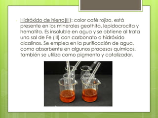 - Hidróxido de hierro(III): color café rojizo, está
presente en los minerales geothita, lepidocrocita y
hematita. Es insoluble en agua y se obtiene al trata
una sal de Fe (III) con carbonato o hidróxido
alcalinos. Se emplea en la purificación de agua,
como absorbente en algunos procesos químicos,
también se utiliza como pigmento y catalizador.
 