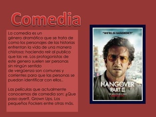 ComediaLa comedia es un género dramático que se trata de como los personajes de las historias enfrentan la vida de una manera chistosa; haciendo reír al publico que las ve. Los protagonistas de este genero suelen ser personas sin ningún sentido de vergüenza son comunes y corrientes para que las personas se puedan identificar con ellos..Las películas que actualmente conocemos de comedia son: ¿Que paso ayer?, Grown Ups, Los pequeños Fockers entre otras más.