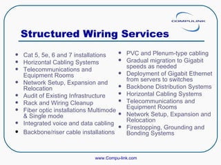 Structured Wiring Services Cat 5, 5e, 6 and 7 installations Horizontal Cabling Systems  Telecommunications and Equipment Rooms  Network Setup, Expansion and Relocation  Audit of Existing Infrastructure Rack and Wiring Cleanup Fiber optic installations Multimode & Single mode Integrated voice and data cabling Backbone/riser cable installations www.Compu-link.com PVC and Plenum-type cabling Gradual migration to Gigabit speeds as needed Deployment of Gigabit Ethernet from servers to switches Backbone Distribution Systems  Horizontal Cabling Systems  Telecommunications and Equipment Rooms  Network Setup, Expansion and Relocation  Firestopping, Grounding and Bonding Systems 