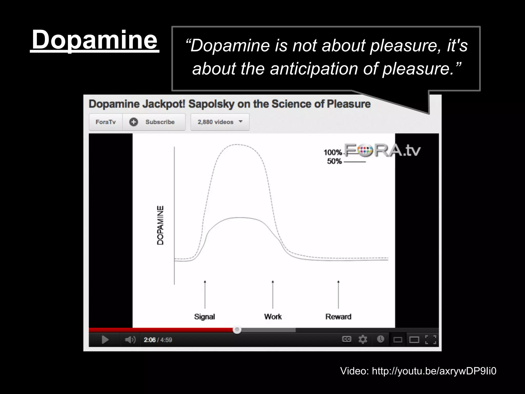 Dopamine
Dopamine   “Dopamine is not about pleasure, it's
            about the anticipation of pleasure.”




                               Video: http://youtu.be/axrywDP9Ii0
 