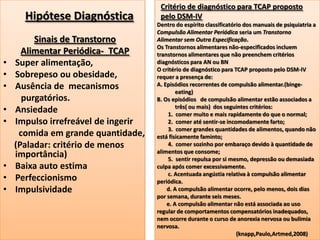 Hipótese Diagnóstica
Sinais de Transtorno
Alimentar Periódica- TCAP
• Super alimentação,
• Sobrepeso ou obesidade,
• Ausência de mecanismos
purgatórios.
• Ansiedade
• Impulso irrefreável de ingerir
comida em grande quantidade,
(Paladar: critério de menos
importância)
• Baixa auto estima
• Perfeccionismo
• Impulsividade
Dentro do espírito classificatório dos manuais de psiquiatria a
Compulsão Alimentar Periódica seria um Transtorno
Alimentar sem Outra Especificação.
Os Transtornos alimentares não-especificados incluem
transtornos alimentares que não preenchem critérios
diagnósticos para AN ou BN
O critério de diagnóstico para TCAP proposto pelo DSM-IV
requer a presença de:
A. Episódios recorrentes de compulsão alimentar.(binge-
eating)
B. Os episódios de compulsão alimentar estão associados a
três( ou mais) dos seguintes critérios:
1. comer muito e mais rapidamente do que o normal;
2. comer até sentir-se incomodamente farto;
3. comer grandes quantidades de alimentos, quando não
está fisicamente faminto;
4. comer sozinho por embaraço devido à quantidade de
alimentos que consome;
5. sentir repulsa por si mesmo, depressão ou demasiada
culpa após comer excessivamente.
c. Acentuada angústia relativa à compulsão alimentar
periódica.
d. A compulsão alimentar ocorre, pelo menos, dois dias
por semana, durante seis meses.
e. A compulsão alimentar não está associada ao uso
regular de comportamentos compensatórios inadequados,
nem ocorre durante o curso de anorexia nervosa ou bulimia
nervosa.
(knapp,Paulo,Artmed,2008)
Critério de diagnóstico para TCAP proposto
pelo DSM-IV
 