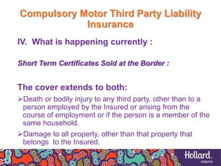 Compulsory Motor Third Party Liability
Insurance
IV. What is happening currently :
Short Term Certificates Sold at the Border :
The cover extends to both:
Death or bodily injury to any third party, other than to a
person employed by the Insured or arising from the
course of employment or if the person is a member of the
same household.
Damage to all property, other than that property that
belongs to the Insured.
 