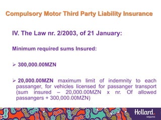 Compulsory Motor Third Party Liability Insurance
IV. The Law nr. 2/2003, of 21 January:
Minimum required sums Insured:
 300,000.00MZN
 20,000.00MZN maximum limit of indemnity to each
passanger, for vehicles licensed for passanger transport
(sum insured – 20,000.00MZN x nr. Of allowed
passangers + 300,000.00MZN)
 