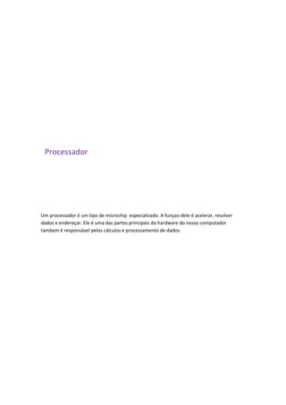 Processador
Um processador é um tipo de microchip especializado. A funçao dele é acelerar, resolver
dados e endereçar. Ele é uma das partes principais do hardware do nosso computador
tambem é responsável pelos cálculos e processamento de dados.
 