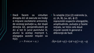 • Dacă facem ca simultan 
dreapta Δ1 să execute ea însăşi 
o mişcare oscilatorie armonică, 
de aceeaşi pulsaţie ω, dar după 
direcţia Δ2, perpendiculară pe 
Δ1 şi tot în jurul punctului O, 
atunci la acelaşi moment t, 
elongaţia acestei mişcări va 
fi(2): 
• În relaţiile (1)si (2) mărimile (x, 
y), (A, B), (ω, φ1, φ 2) 
reprezintă respectiv elongaţiile, 
amplitudinile, pulsaţia şi fazele 
iniţiale, iar între cele două 
mişcări există în general o 
diferenţă de fază: 
 